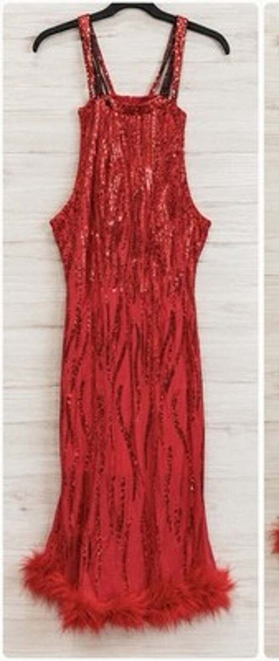 Women’s Sleeveless Sequin Dress Feather Trim Red L NWOT
